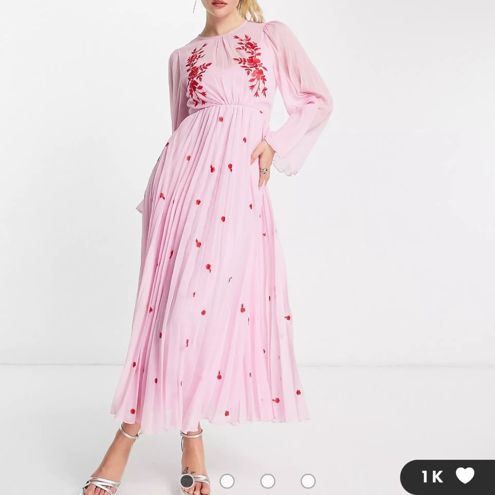 ASOS DESIGN tie back pleated sleeve midi dress in pink with red embroidery